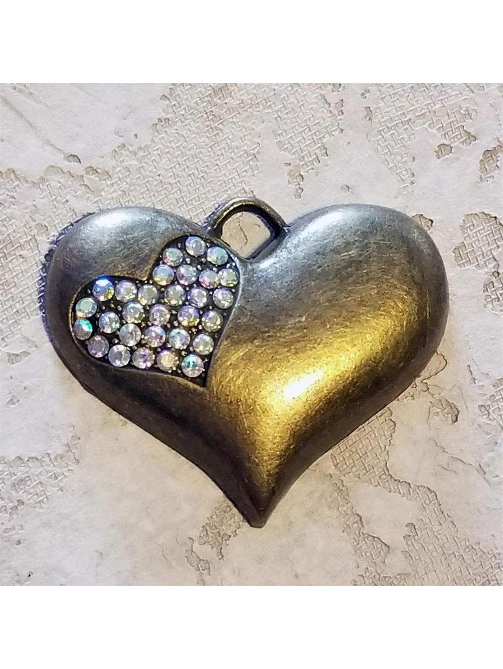 Antiqued Brass Pave AB Crystal Heart Pendant Minimalist Steampunk Retro Modern